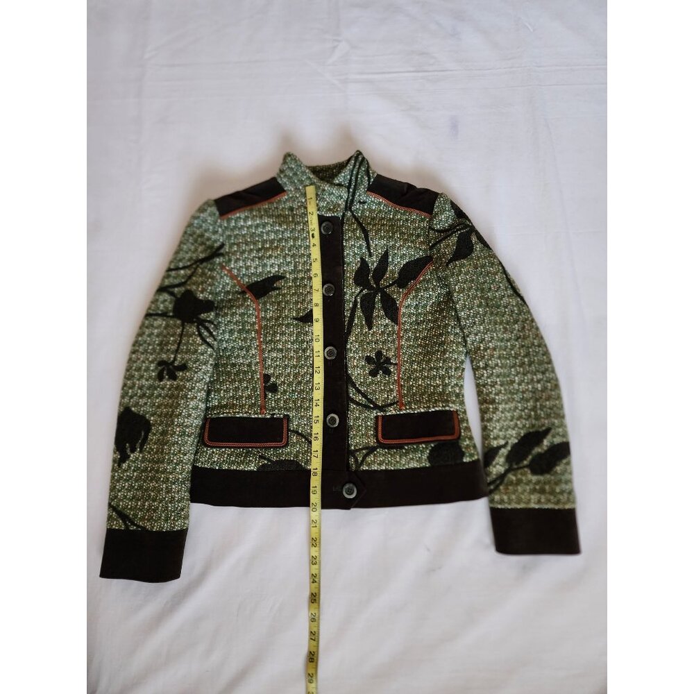 Otti Zen High Neck Button Front Faux Pockets Tweed Jacket Green/Black Small - Picture 12 of 12